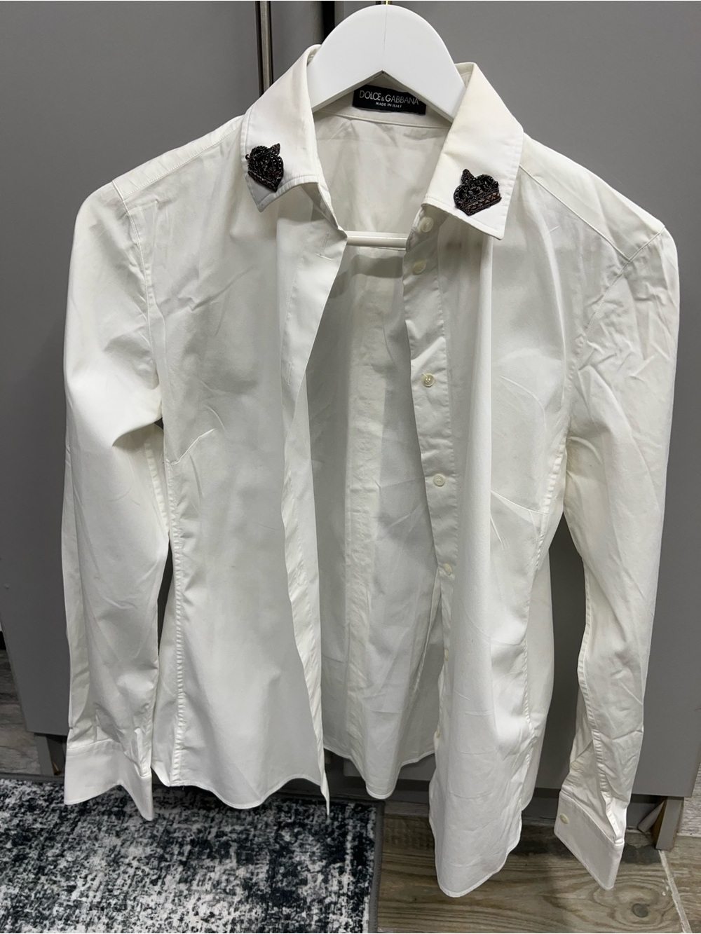 Dolce & Gabbana White Women Shirt with Black Embellished Collar Accents